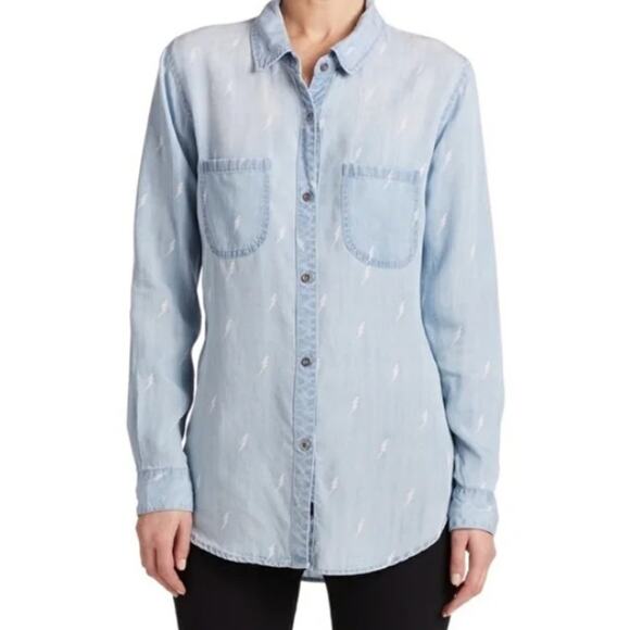 Rails SZ S Carter Chambray Denim Button Down White Lightening Bolts Lyocell - Picture 1 of 5
